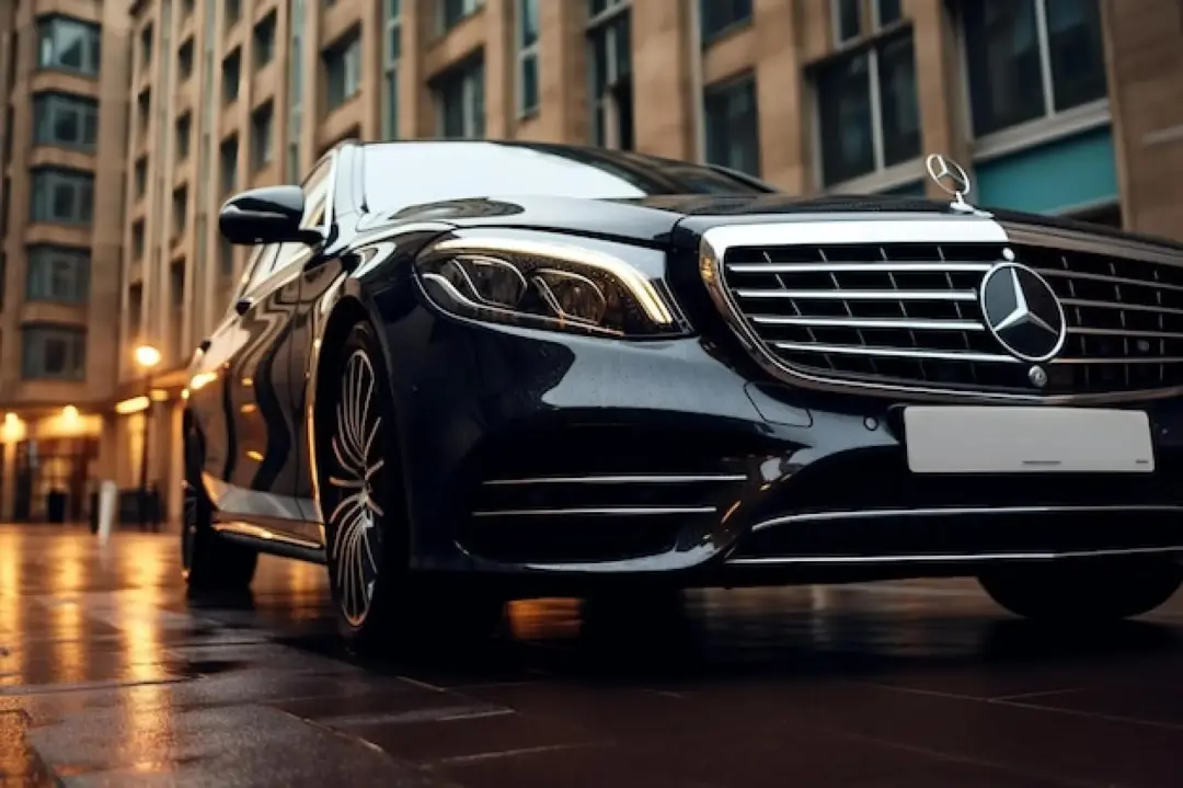 Front of a black Mercedes-Benz saloon on a wet city street at dusk