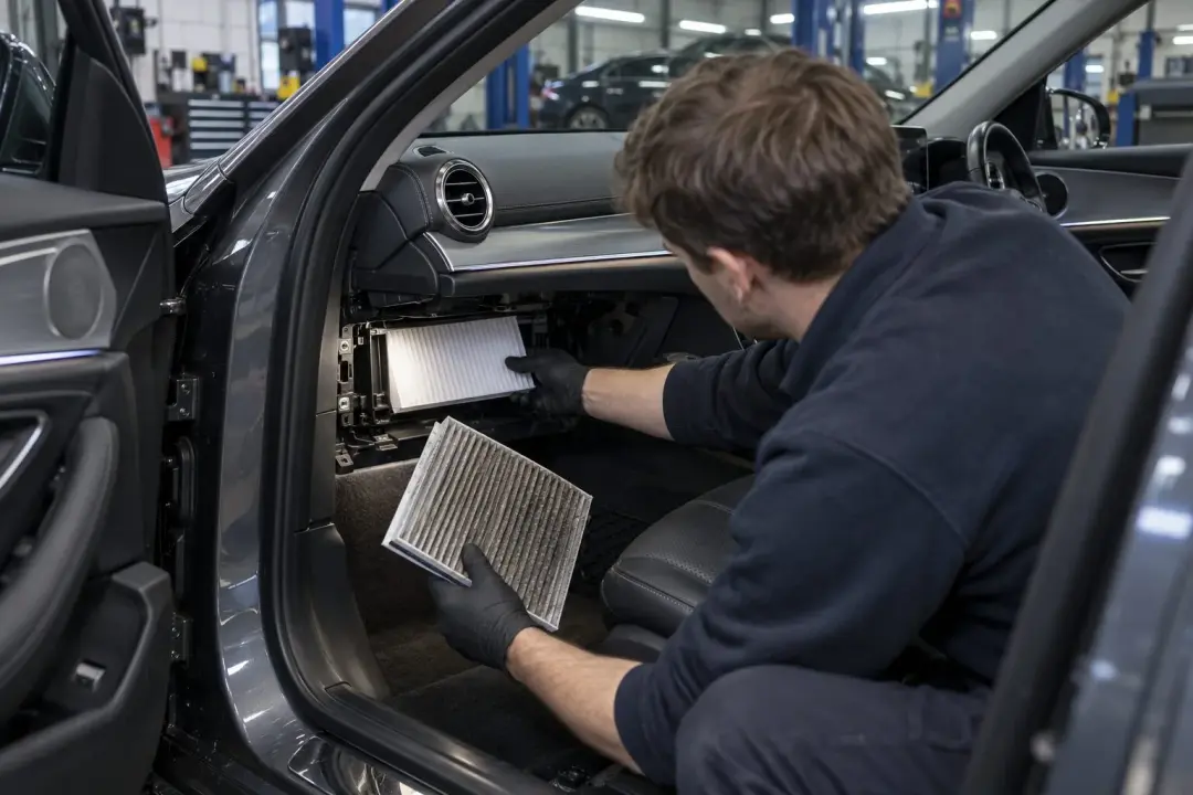 A technician fitting a new cabin pollen filter behind the glovebox of a Mercedes