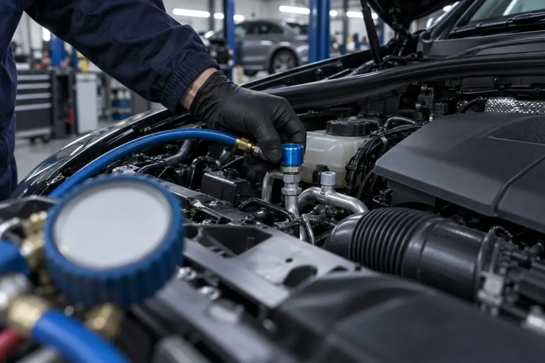 A technician connecting a service hose to the air conditioning port of a Mercedes