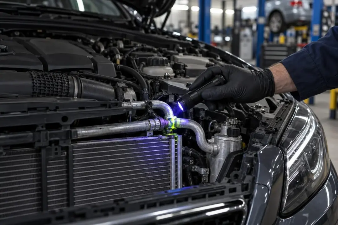 A technician checking the air conditioning pipes and condenser of a Mercedes with a UV leak torch