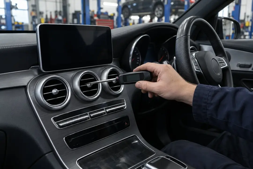 A technician checking the air temperature at a dashboard air vent inside a Mercedes