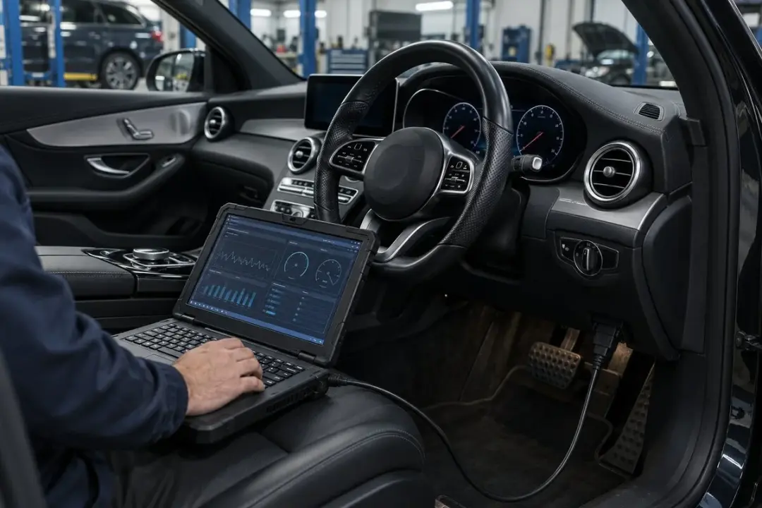 A diagnostic laptop connected to a Mercedes in the workshop