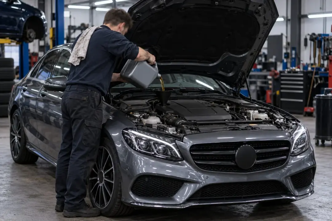 A technician topping up the engine oil of a Mercedes during a service