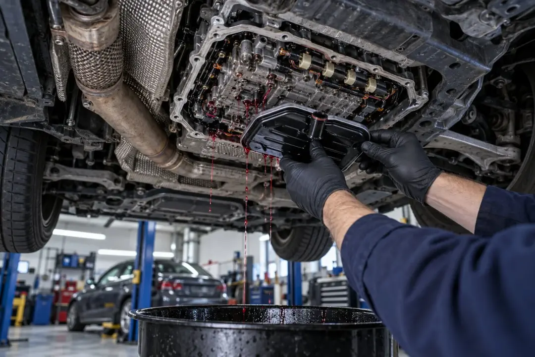 A technician fitting a new gearbox filter under a Mercedes on a lift, with transmission fluid draining into a pan