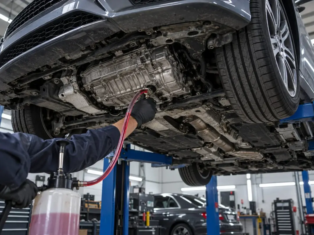 A technician refilling the automatic gearbox fluid under a Mercedes on a lift