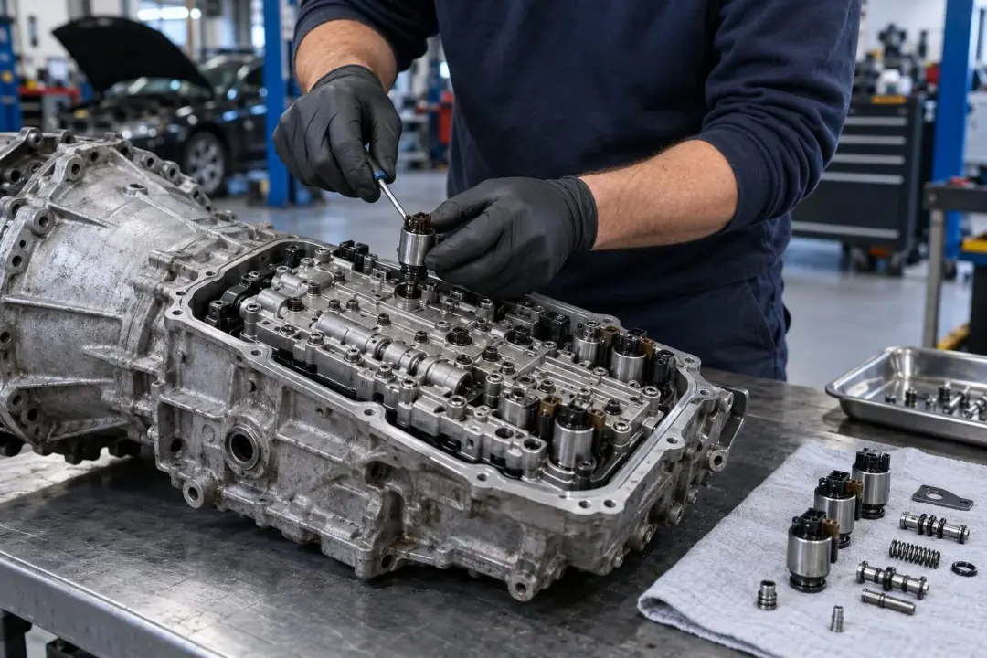A technician repairing the valve body of an automatic gearbox on a workbench