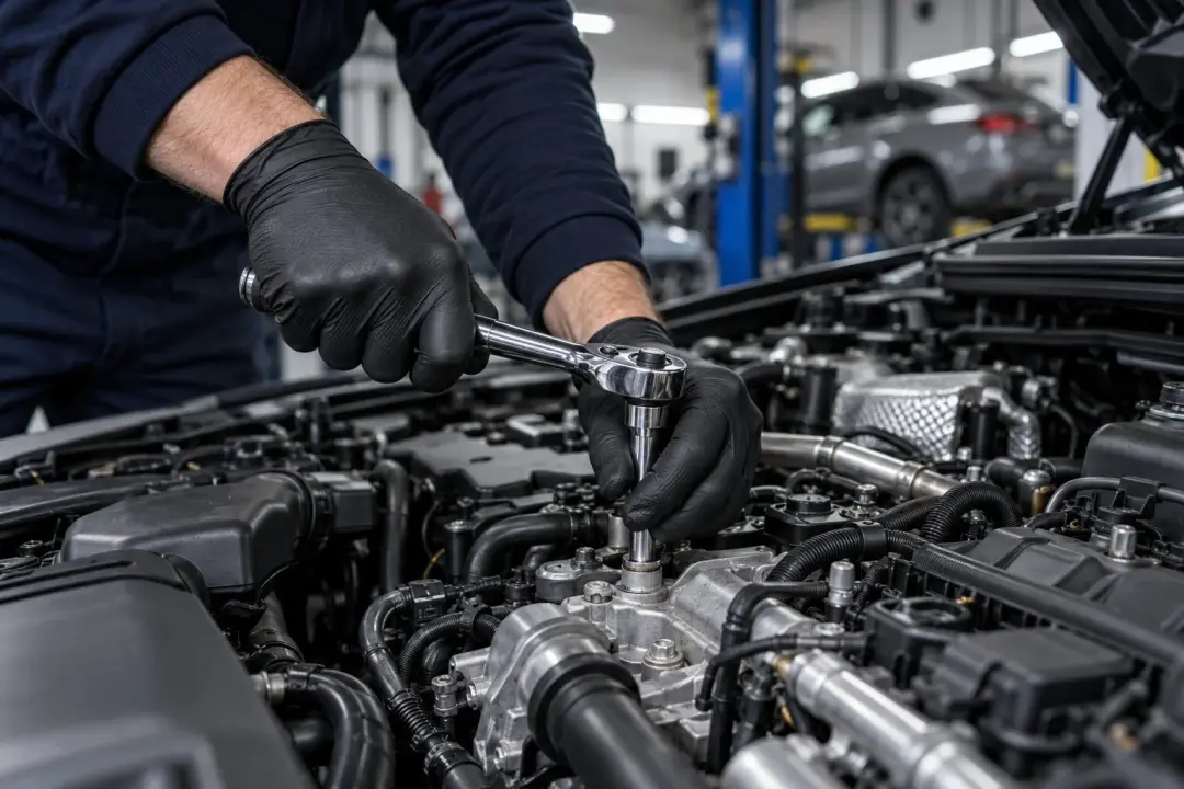 A technician tightening a bolt with a ratchet spanner in a Mercedes engine bay