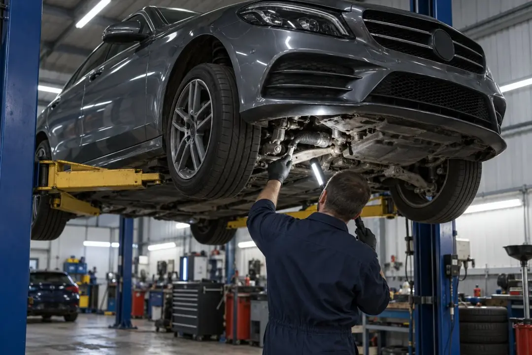 A technician under a grey Mercedes on a lift, checking the front suspension and steering joints with a torch
