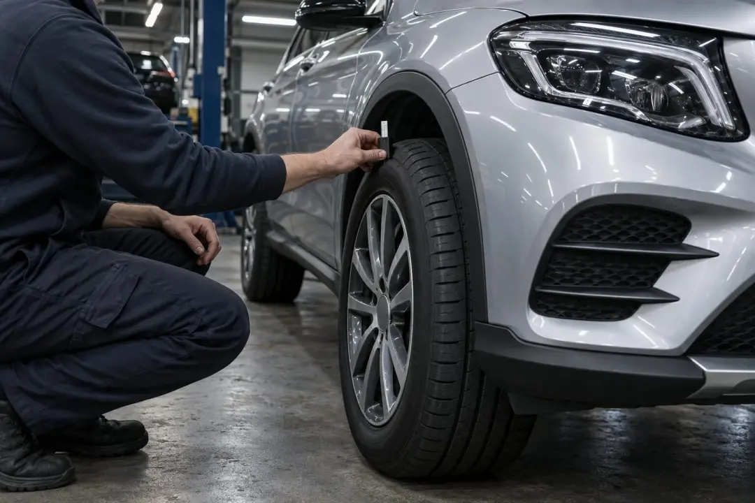 A technician measuring the tyre tread depth of a Mercedes before its MOT