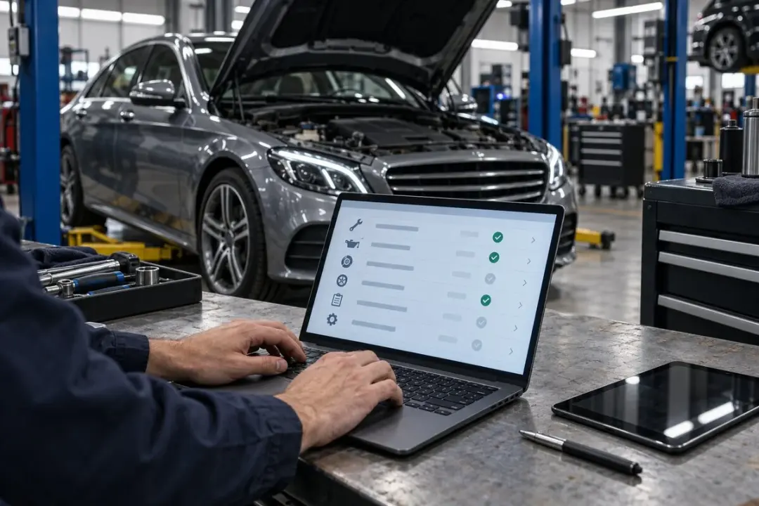 A technician updating a digital service record on a laptop beside a Mercedes