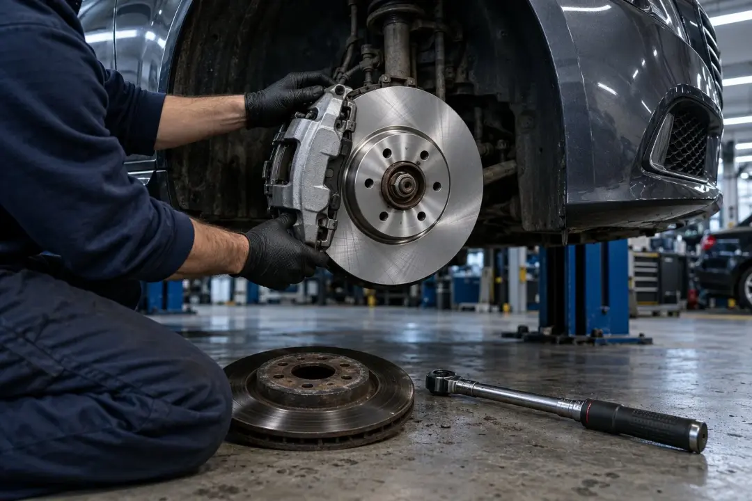 A technician in black gloves fitting a new brake disc and caliper to a Mercedes front hub, the worn disc and a torque wrench on the floor