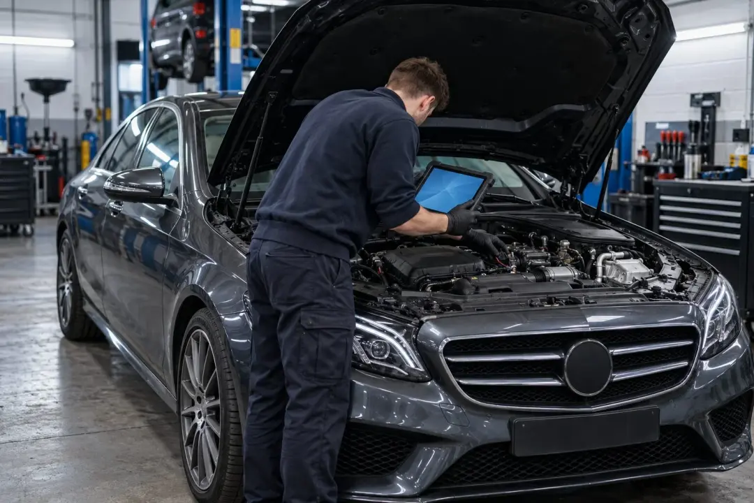 A technician checking a Mercedes engine with a diagnostic tablet