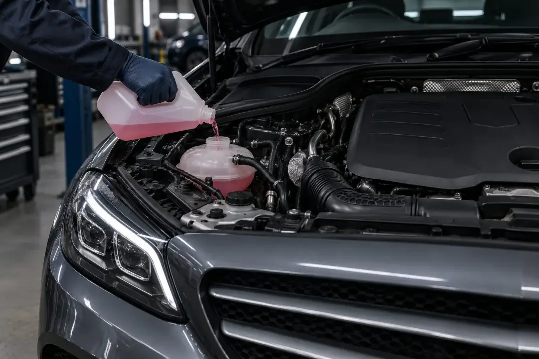 A technician topping up the coolant of a Mercedes engine during a service