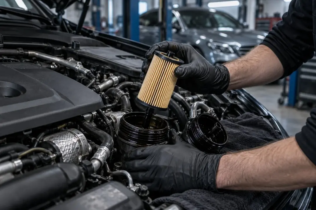 A technician fitting a new oil filter in a Mercedes engine bay during a service