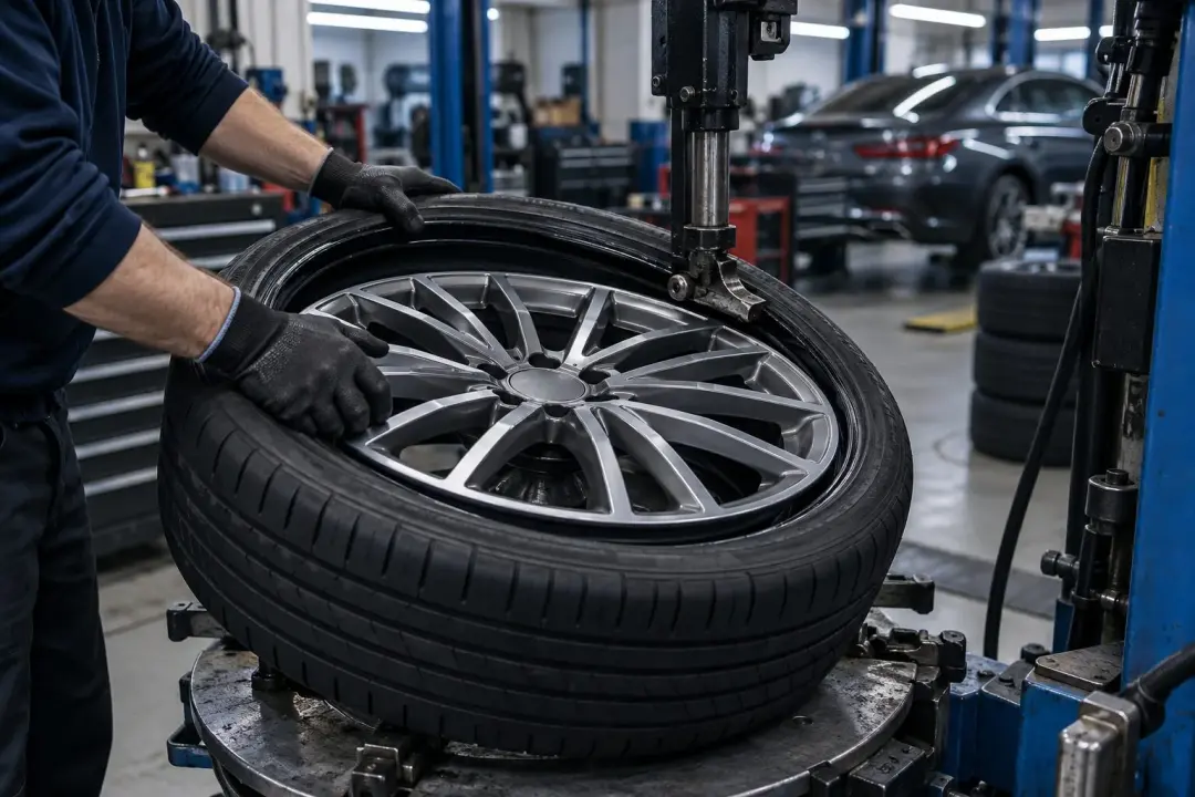 A technician fitting a new tyre onto a Mercedes alloy wheel on a tyre machine
