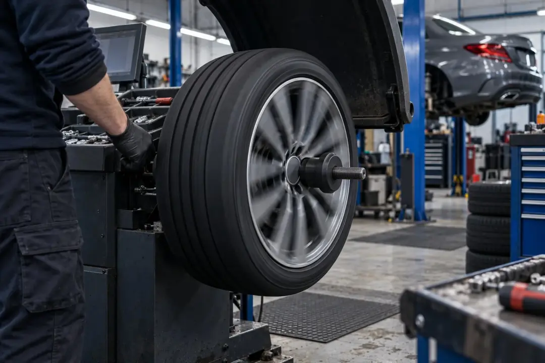 An alloy wheel with a new tyre spinning on a wheel balancing machine in the workshop, a technician in black gloves beside it
